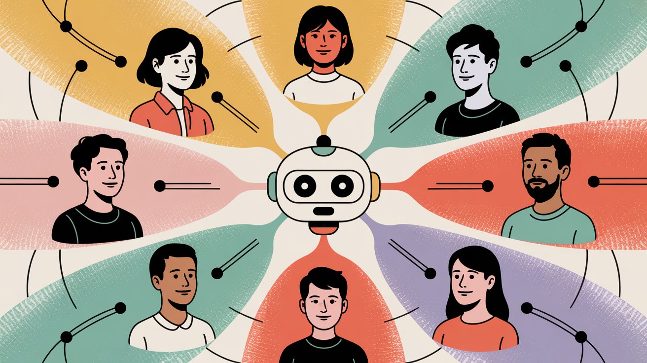 Central chatbot connecting to diverse user profiles showing personalized interactions at scale