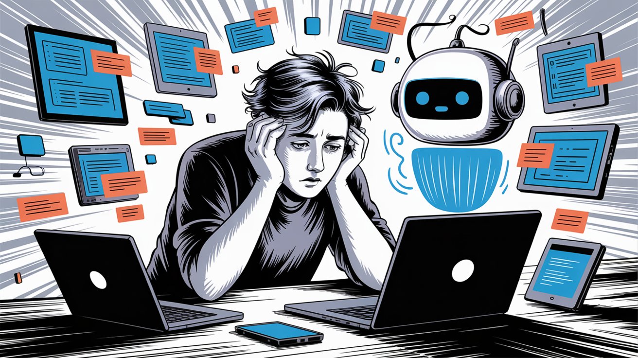Customer support agent overwhelmed by support tickets with AI chatbot providing assistance
