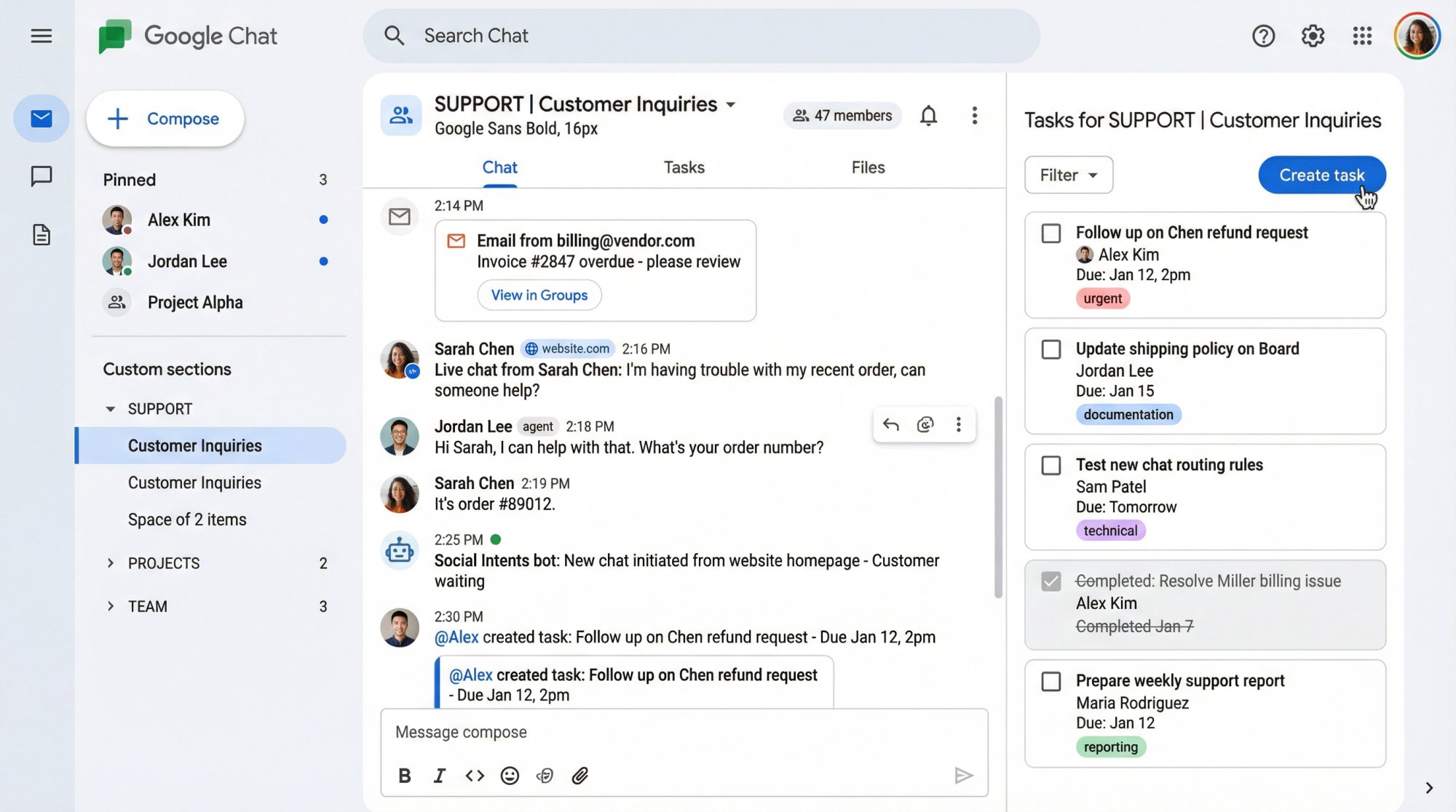 Google Chat workspace showing integrated tasks panel, email routing, and live customer support in a unified collaboration hub