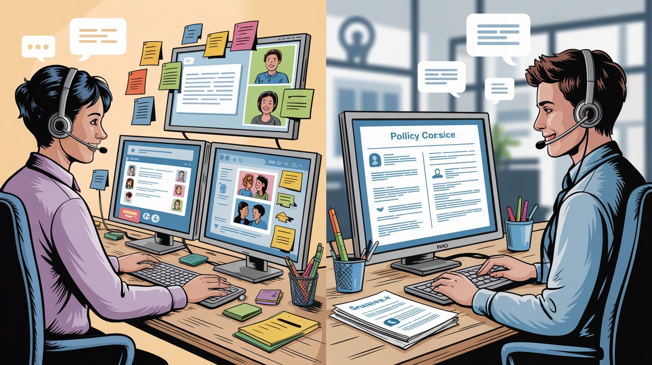 Two customer service representatives at workstations showing ChatGPT's multimodal dynamic approach versus Claude's focused policy-driven methodology