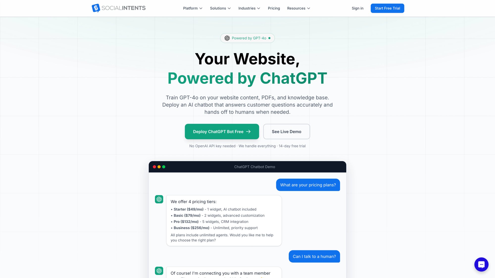 Social Intents ChatGPT chatbot integration with AI-powered customer support and seamless human handoff