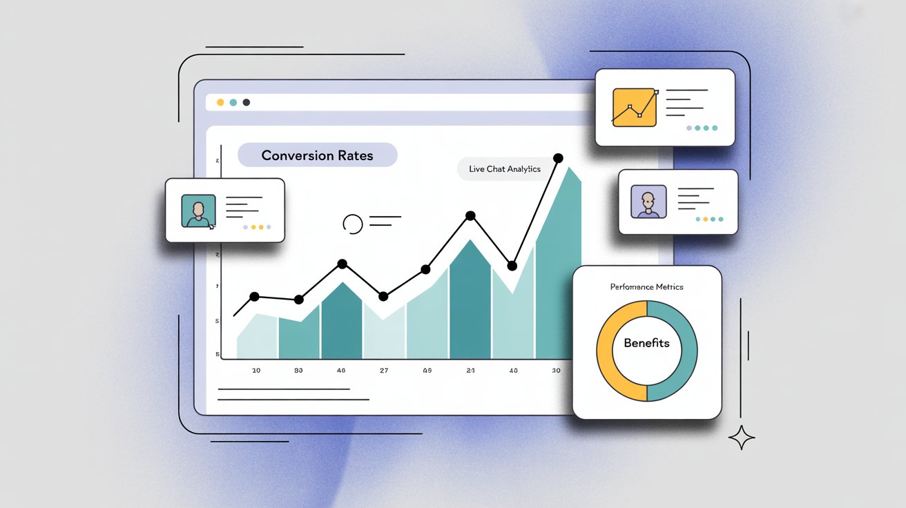Analytics dashboard showing conversion rates tracking with upward trending graphs, performance metrics, and benefits indicators for live chat analytics