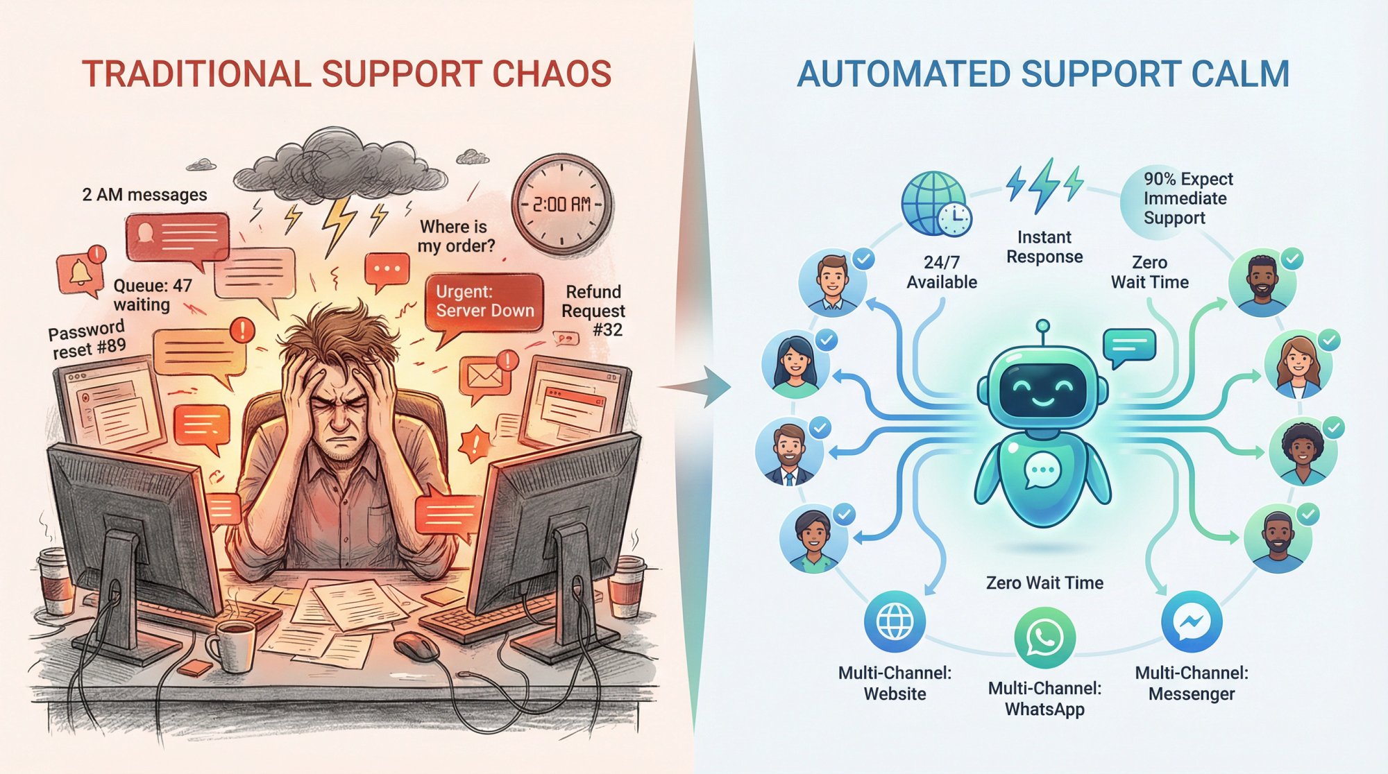 Split illustration showing overwhelmed support agents on left versus calm AI-powered automation on right