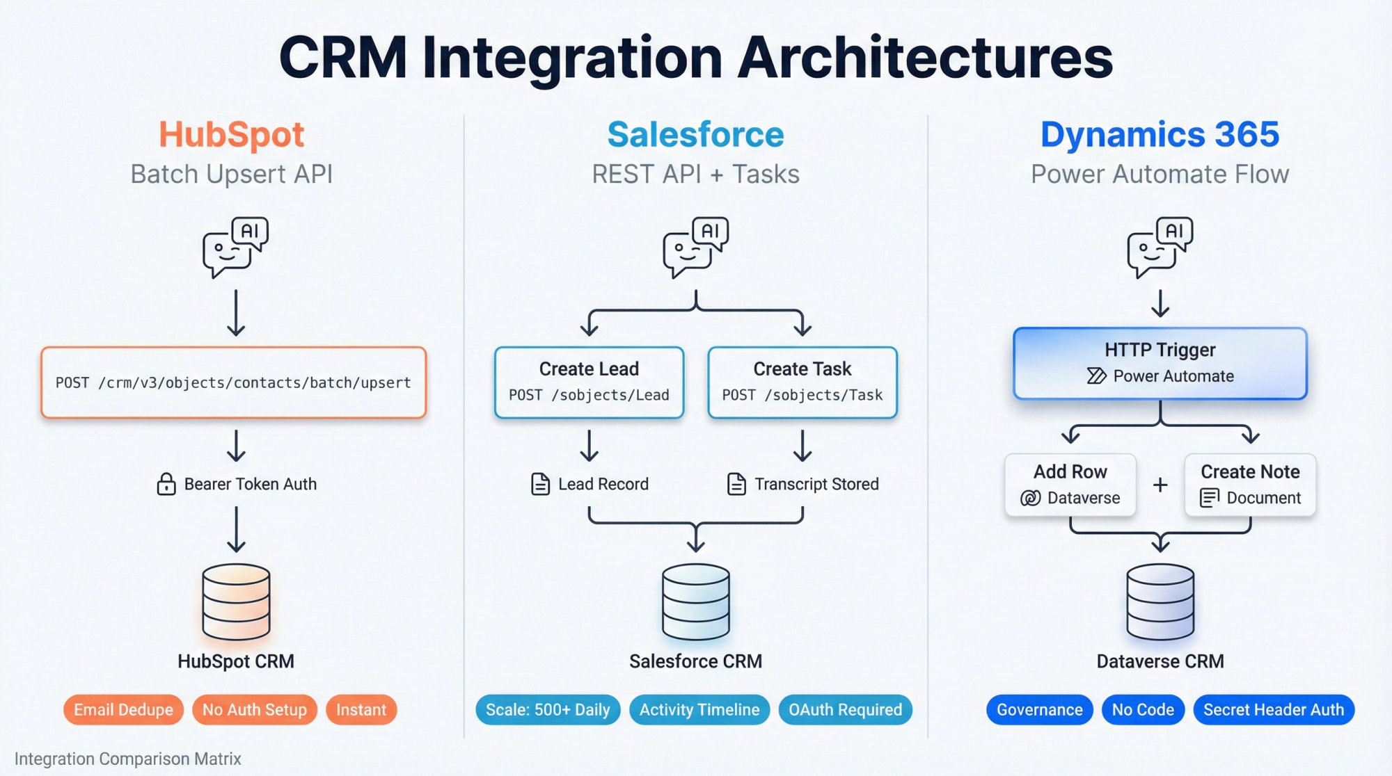 Side-by-side technical architecture diagrams showing HubSpot batch upsert, Salesforce REST API, and Dynamics 365 Power Automate integration flows