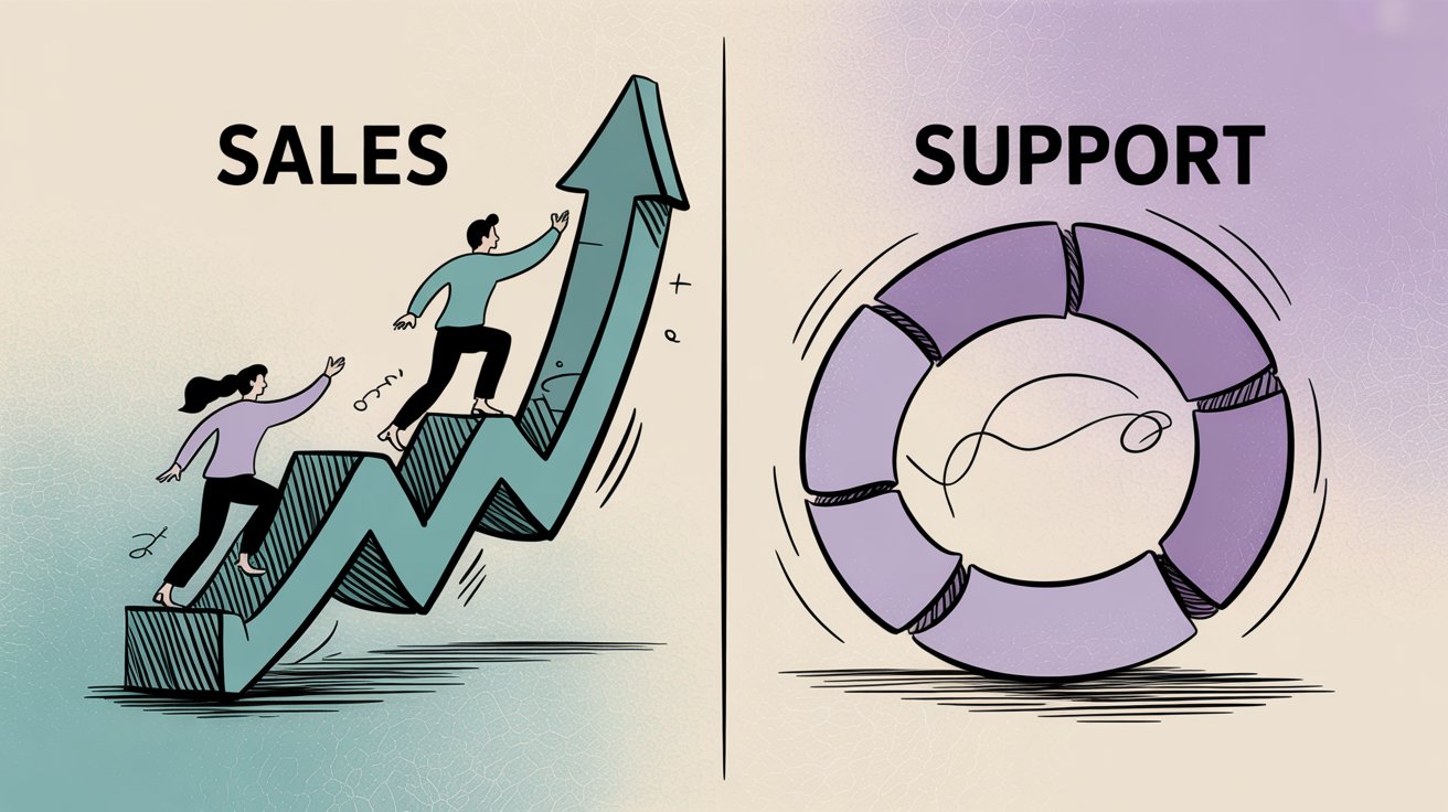 Split-screen comparison illustrating the fundamental difference between sales-focused and support-focused platforms