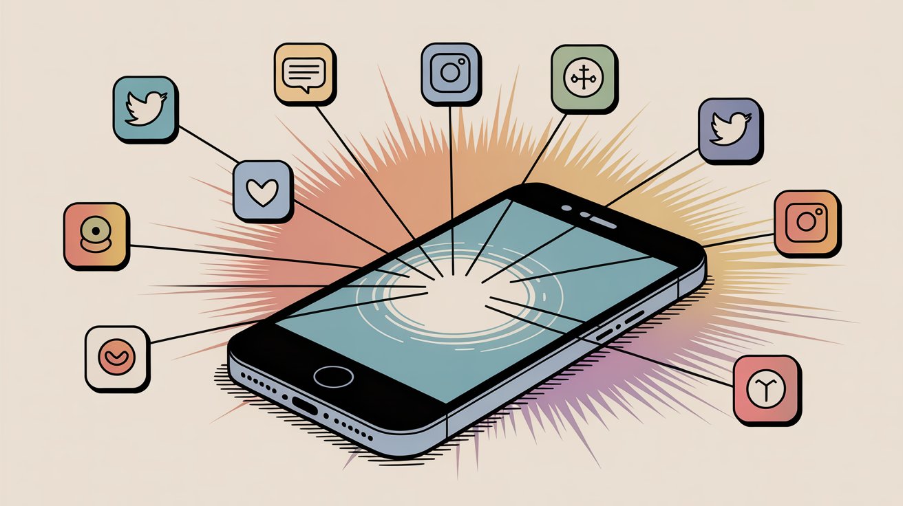 Professional illustration showing social media platforms and marketing engagement across multiple channels