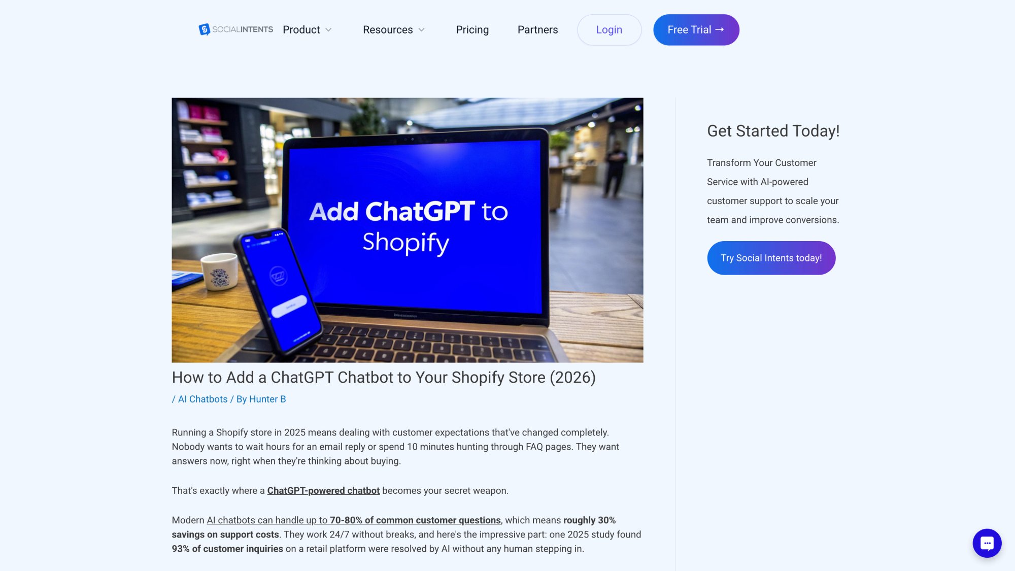 Social Intents blog article showing step-by-step guide for training ChatGPT chatbot on Shopify store content