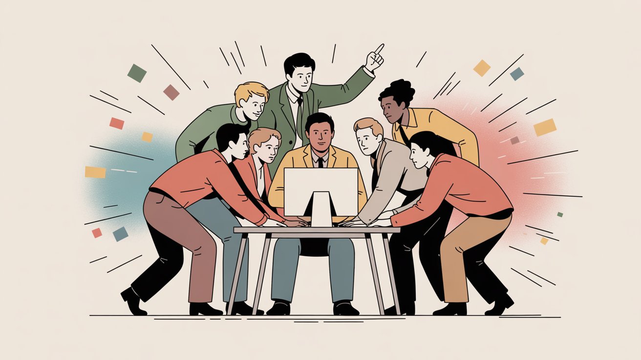 Cross-functional team members dynamically collaborating around a computer to solve a customer support issue