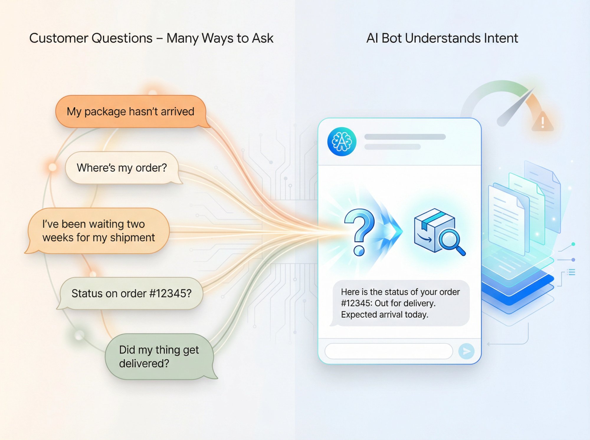 Illustration showing how AI chatbots understand natural language variations, with multiple customer phrasings flowing into unified intent recognition