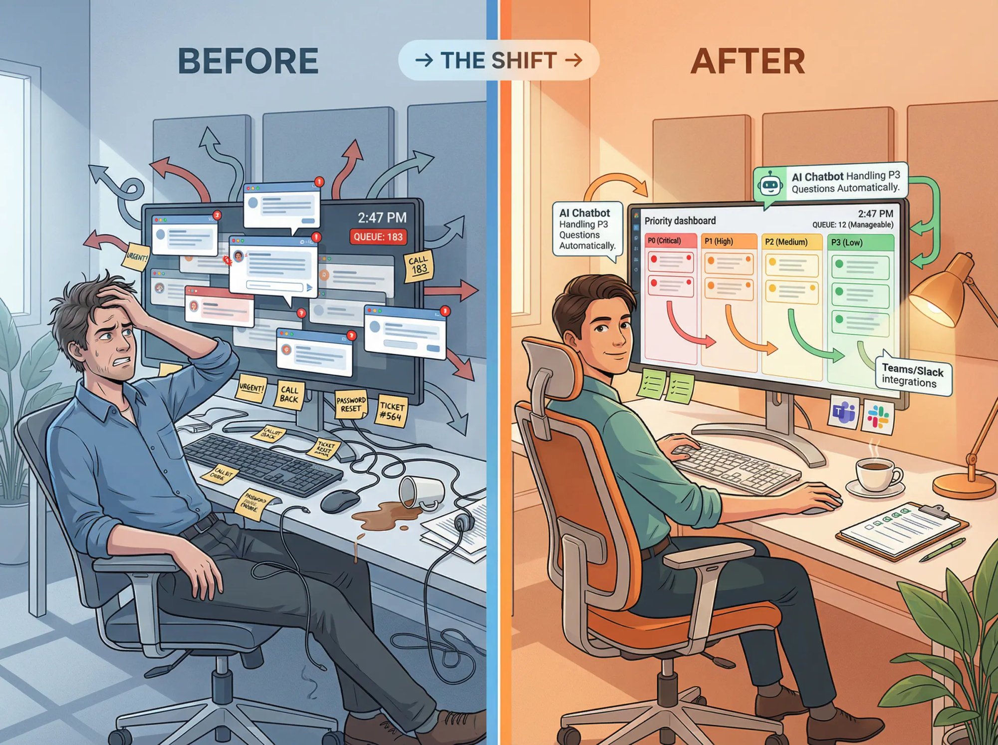 Split-screen comparison showing chaotic multi-window chat overwhelm transforming into organized, prioritized workflow mastery