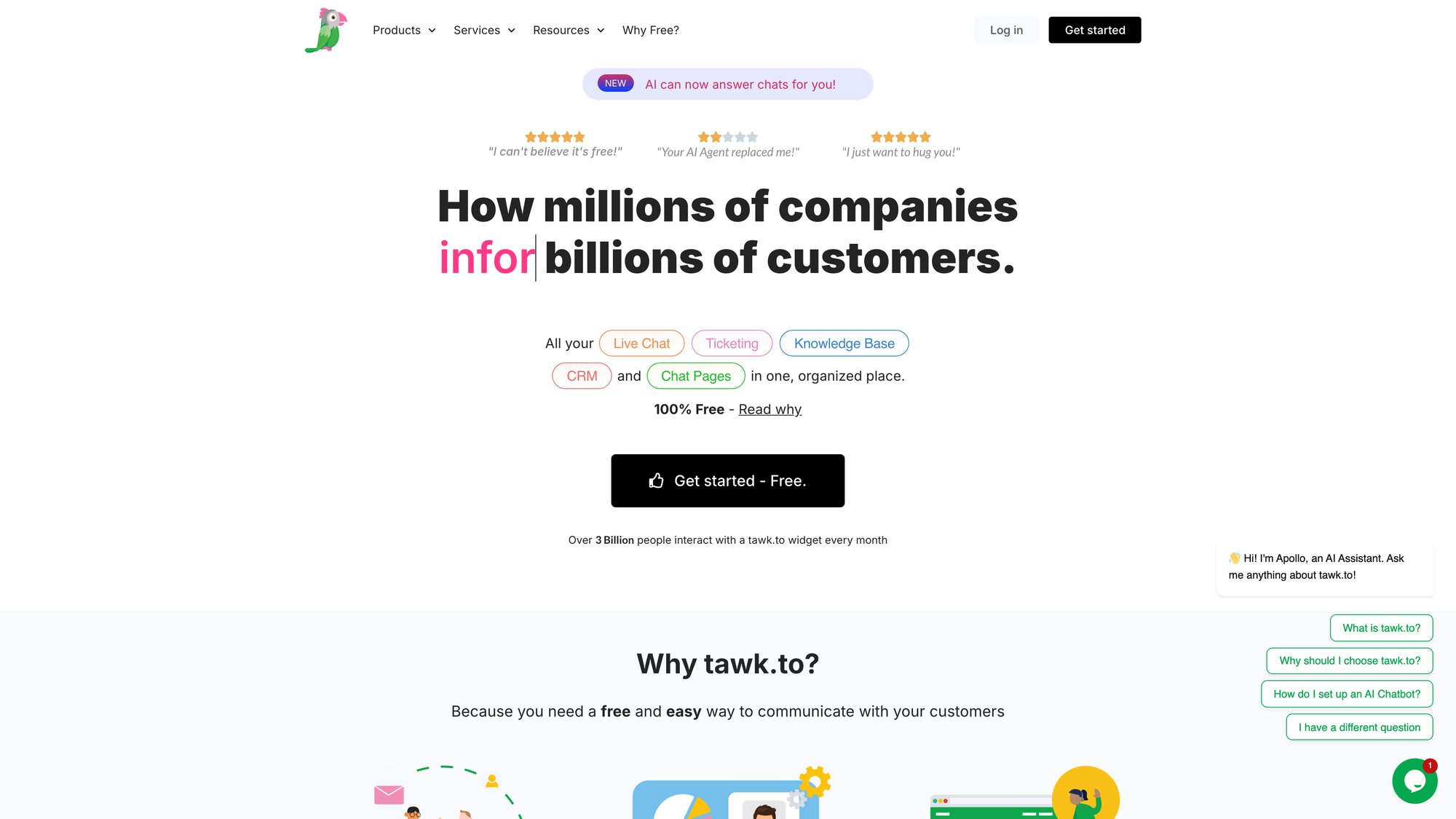 Tawk.to free live chat software homepage showing unlimited agents and completely free messaging platform