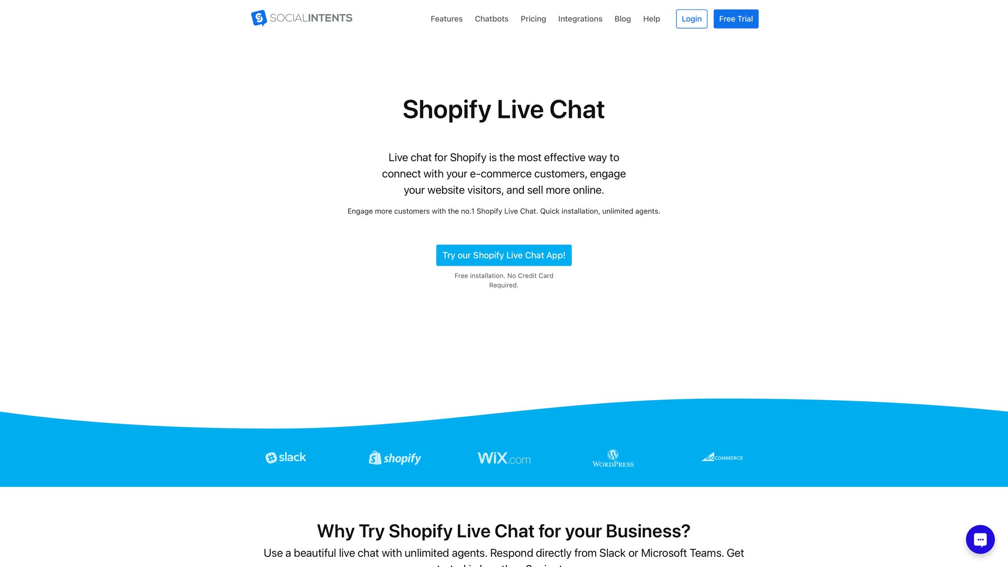 Social Intents Shopify Live Chat integration page showing features for e-commerce stores