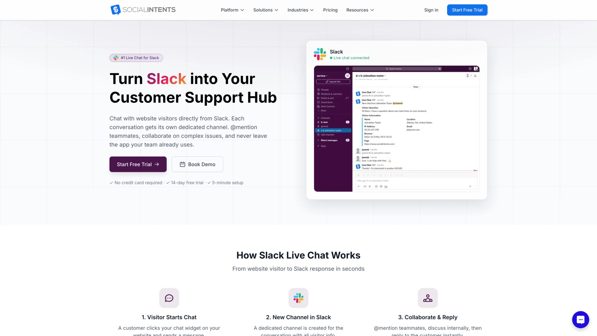 Social Intents Slack integration page demonstrating how website chat conversations route directly into Slack channels for team collaboration