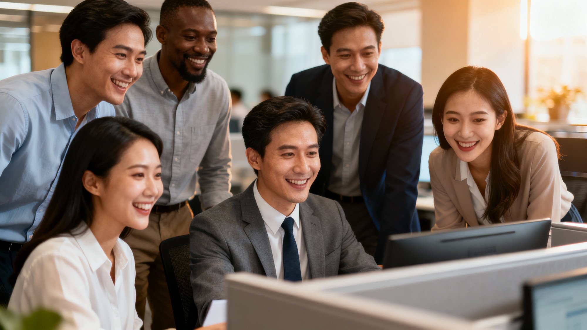Diverse banking team collaborating with genuine smiles showing successful teamwork in modern office