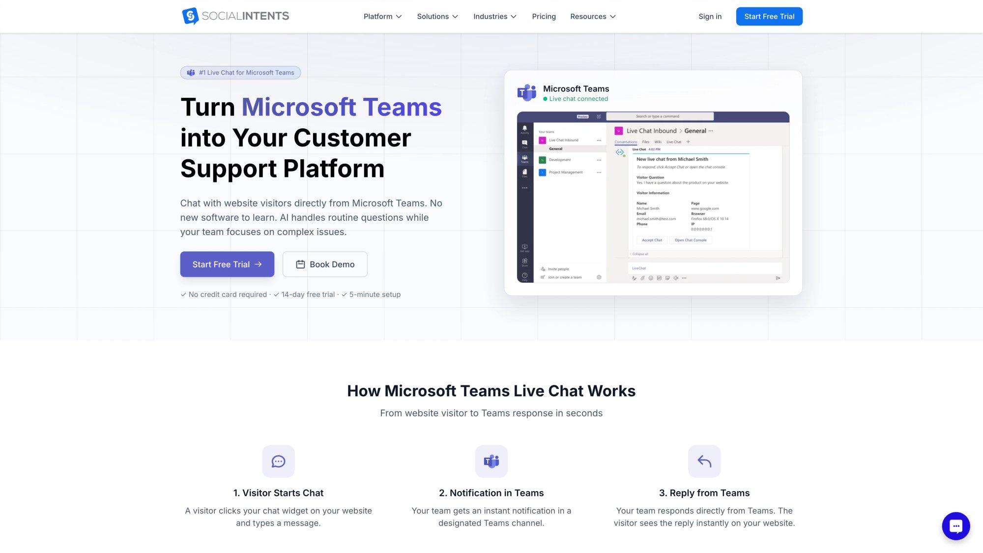 Microsoft Teams live chat integration page showing agent collaboration features and seamless chat handling