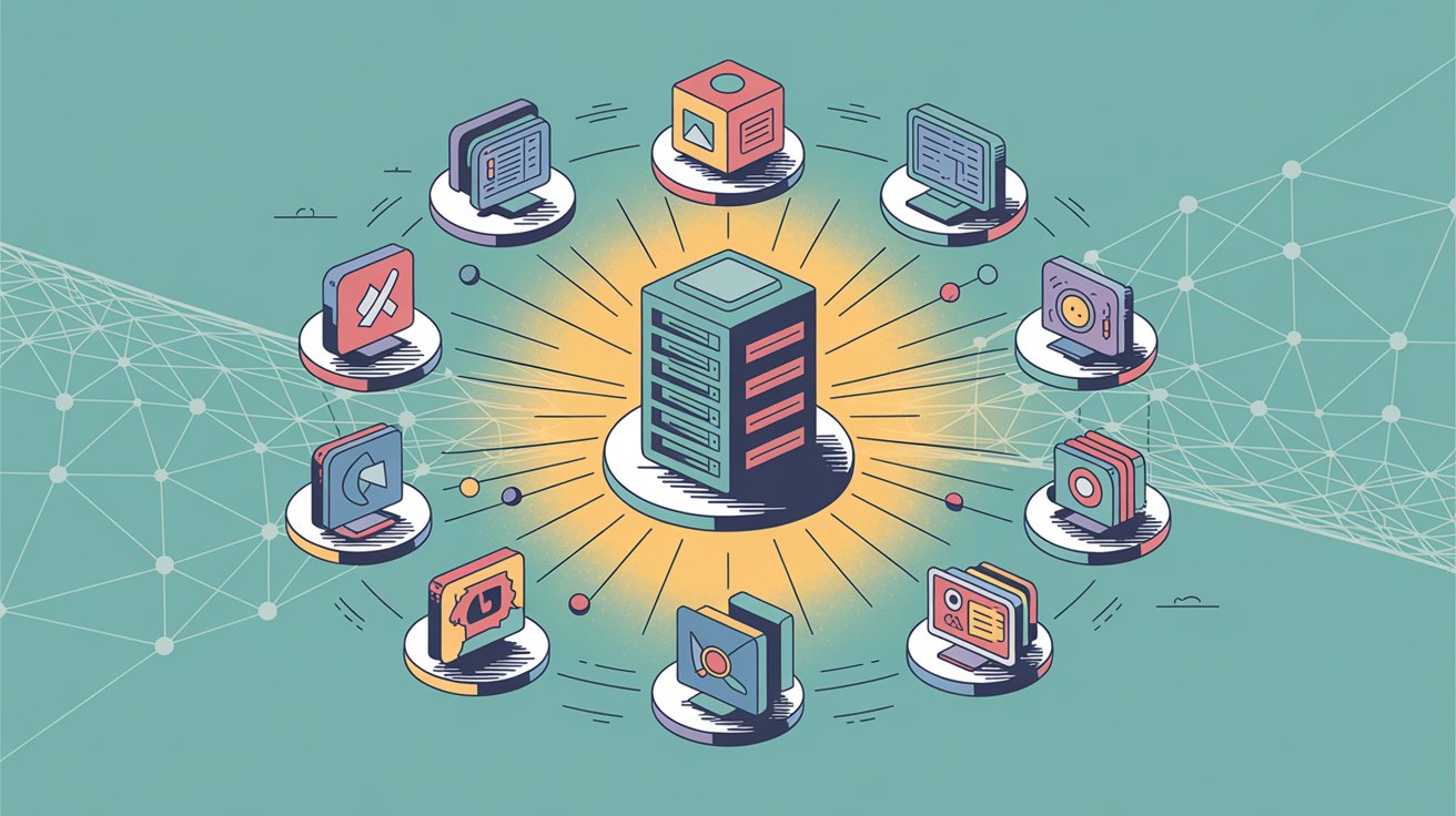 Professional illustration showing software tools, platforms, and technology ecosystem connections
