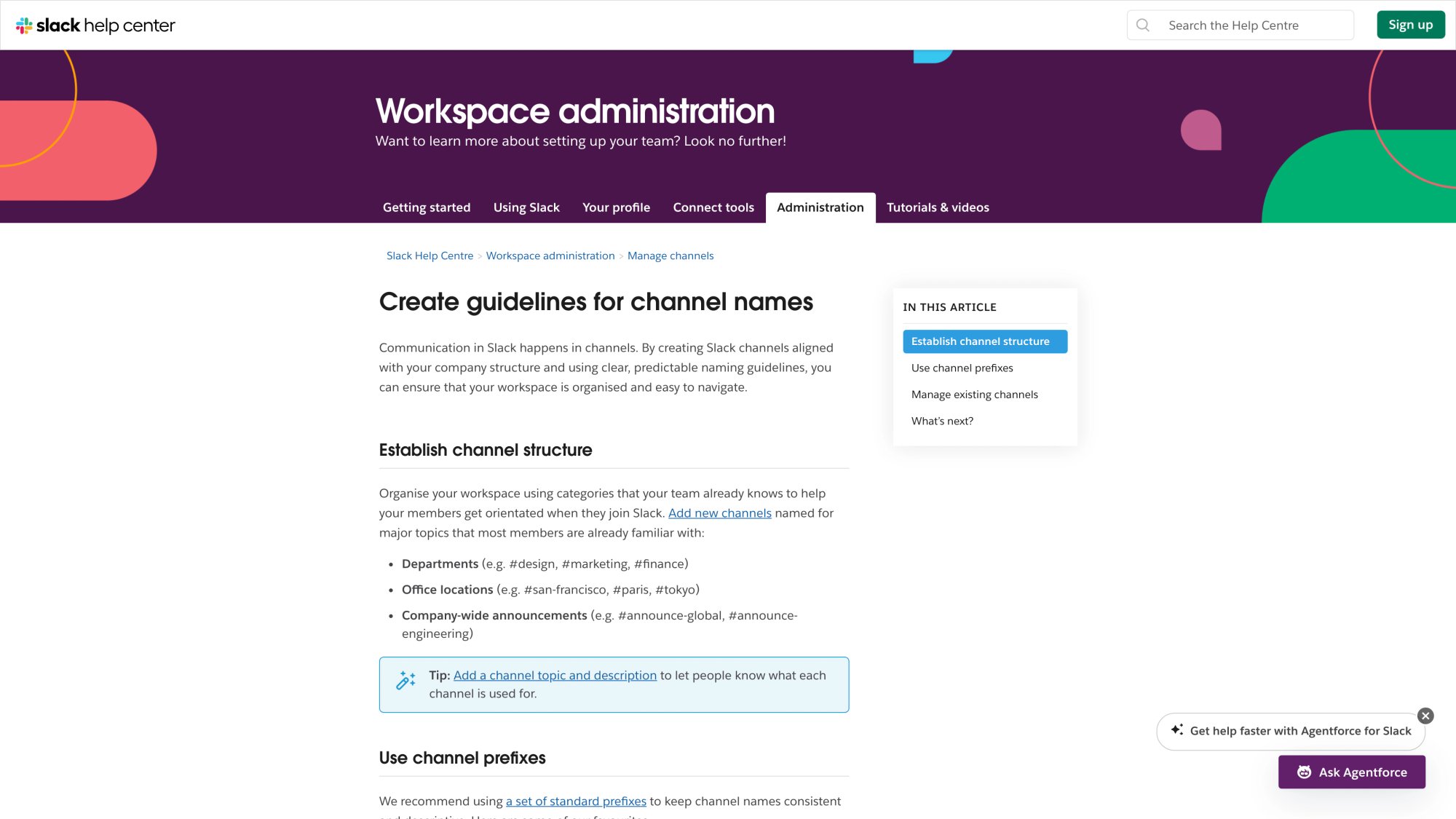 Slack official help article on creating channel naming guidelines showing best practices for workspace organization