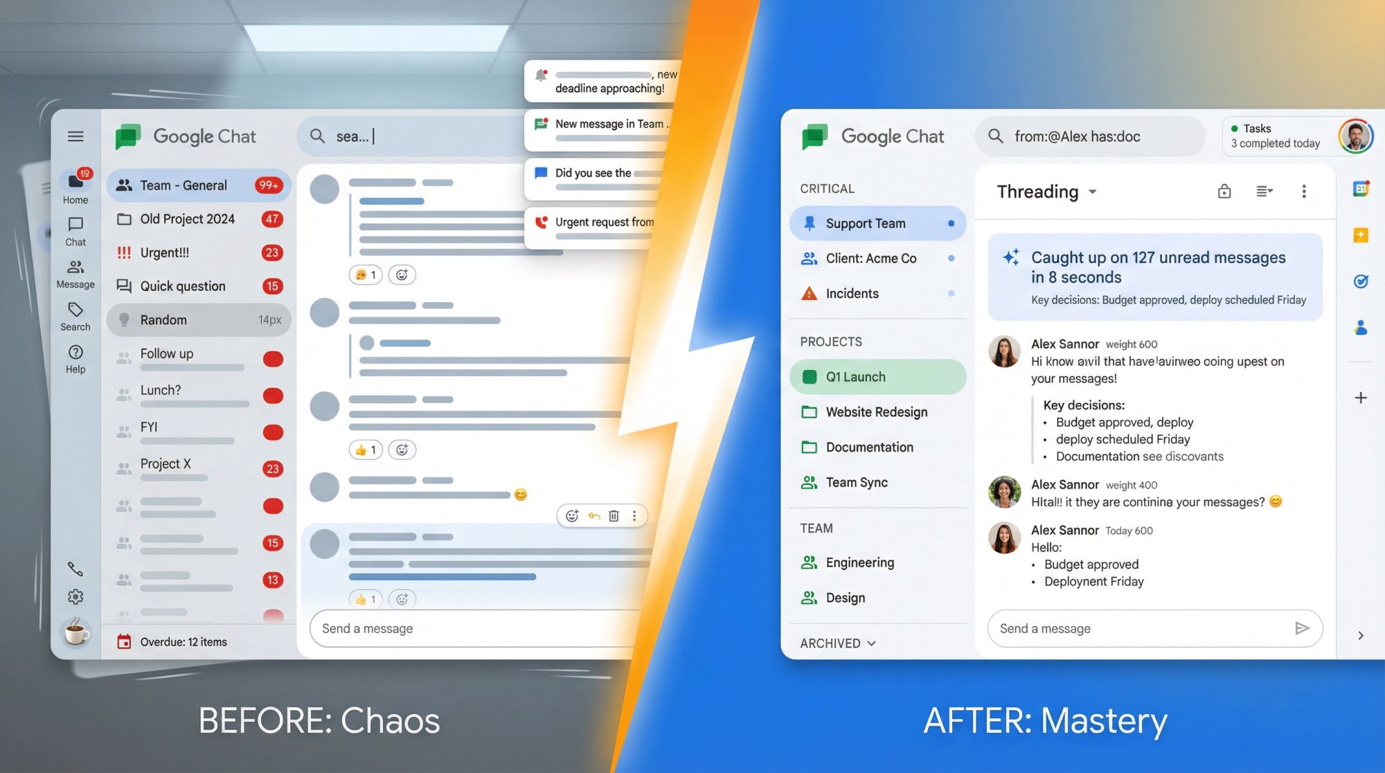 Split-panel illustration contrasting chaotic Google Chat inbox with organized, mastered workspace