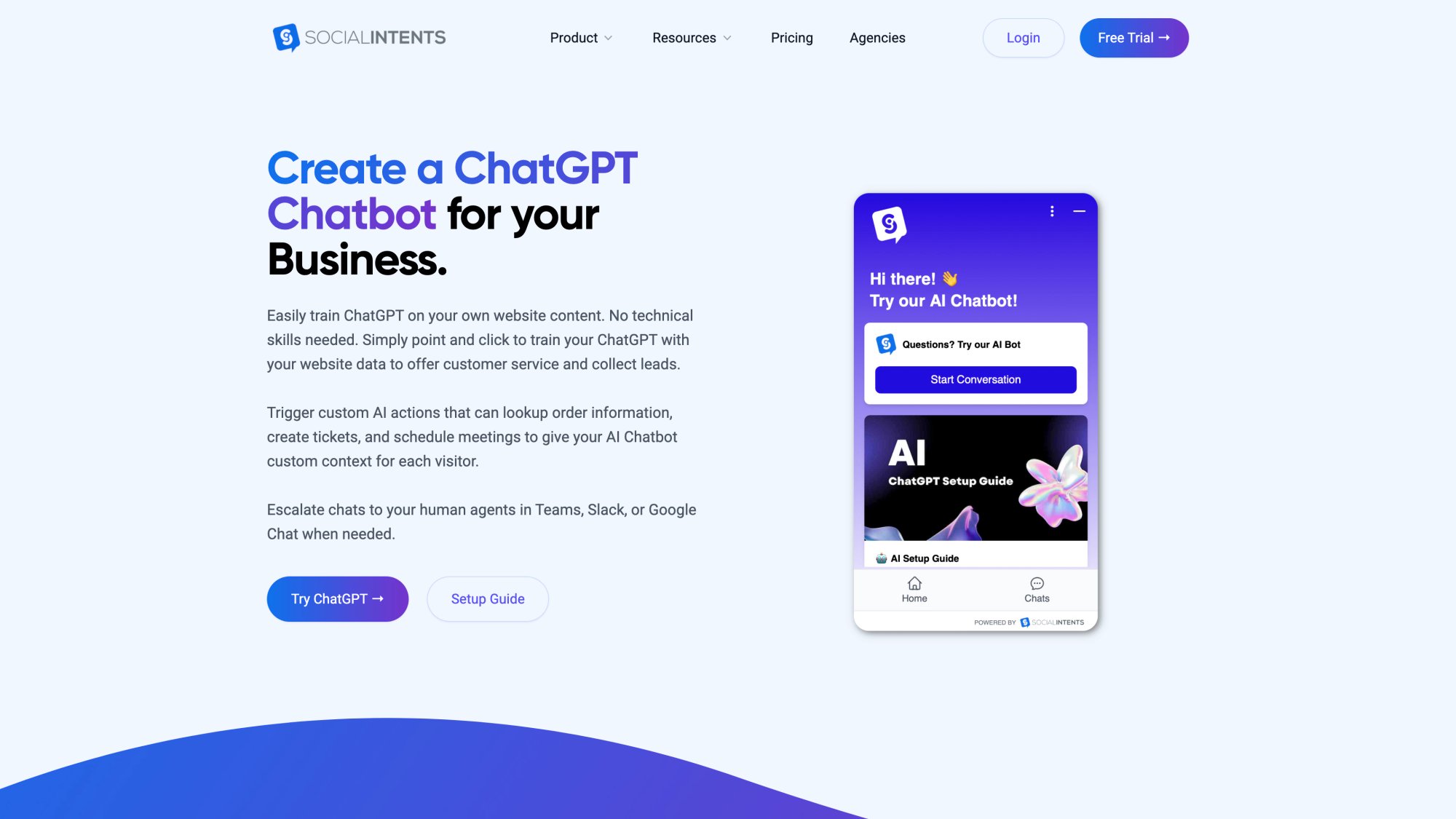 Social Intents ChatGPT chatbot platform page displaying one-click AI training, multi-model support, and seamless human handoff capabilities