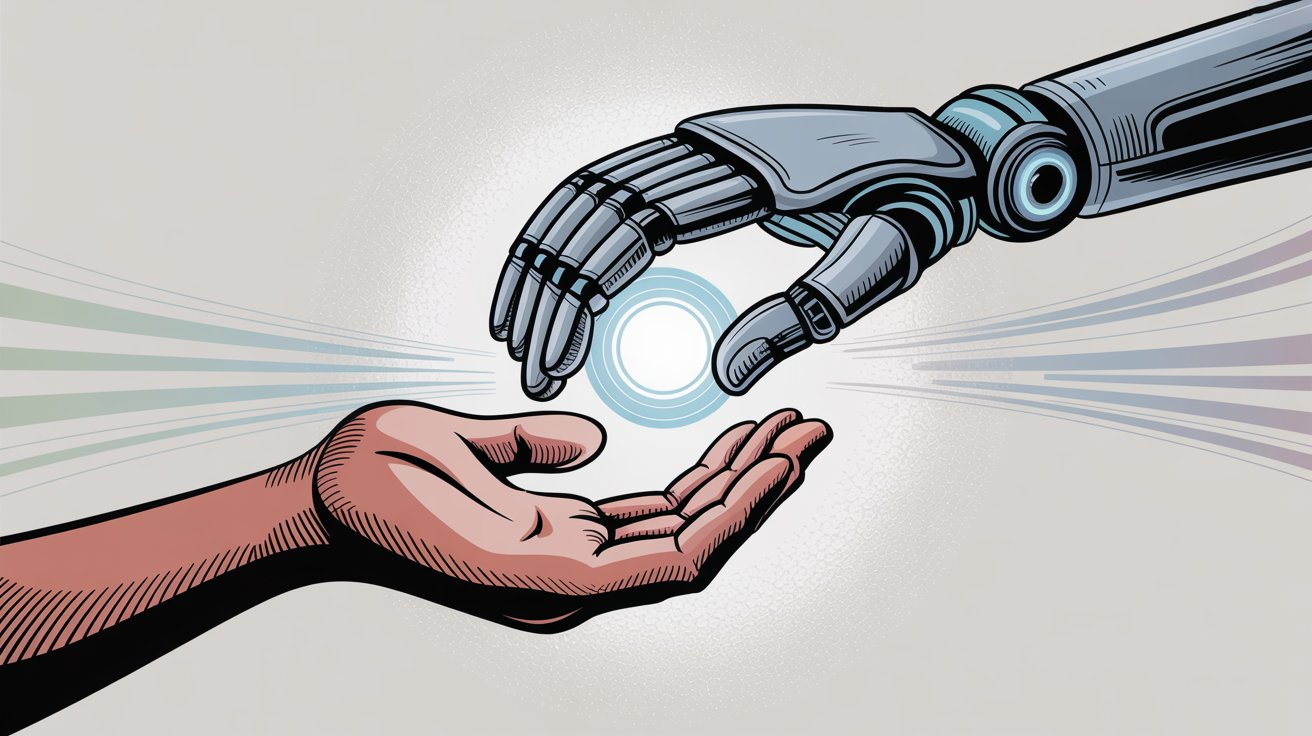Robot hand passing glowing data orb to human hand showing seamless bot-to-human handoff flow