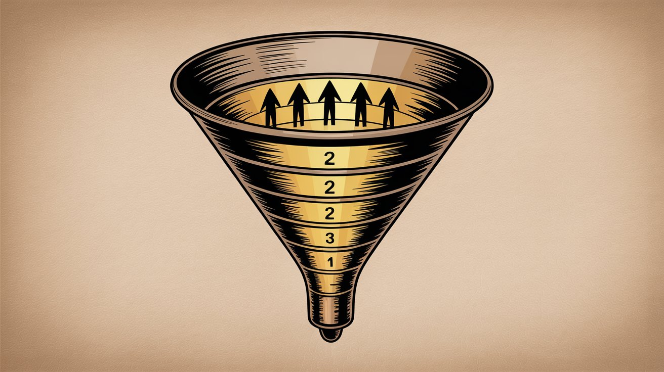 Professional illustration showing lead qualification process with scoring funnel and evaluation criteria