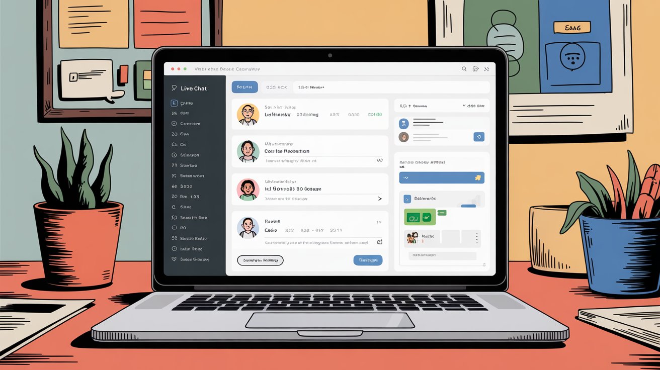 White label live chat dashboard interface showing modern chat conversations and analytics on laptop computer