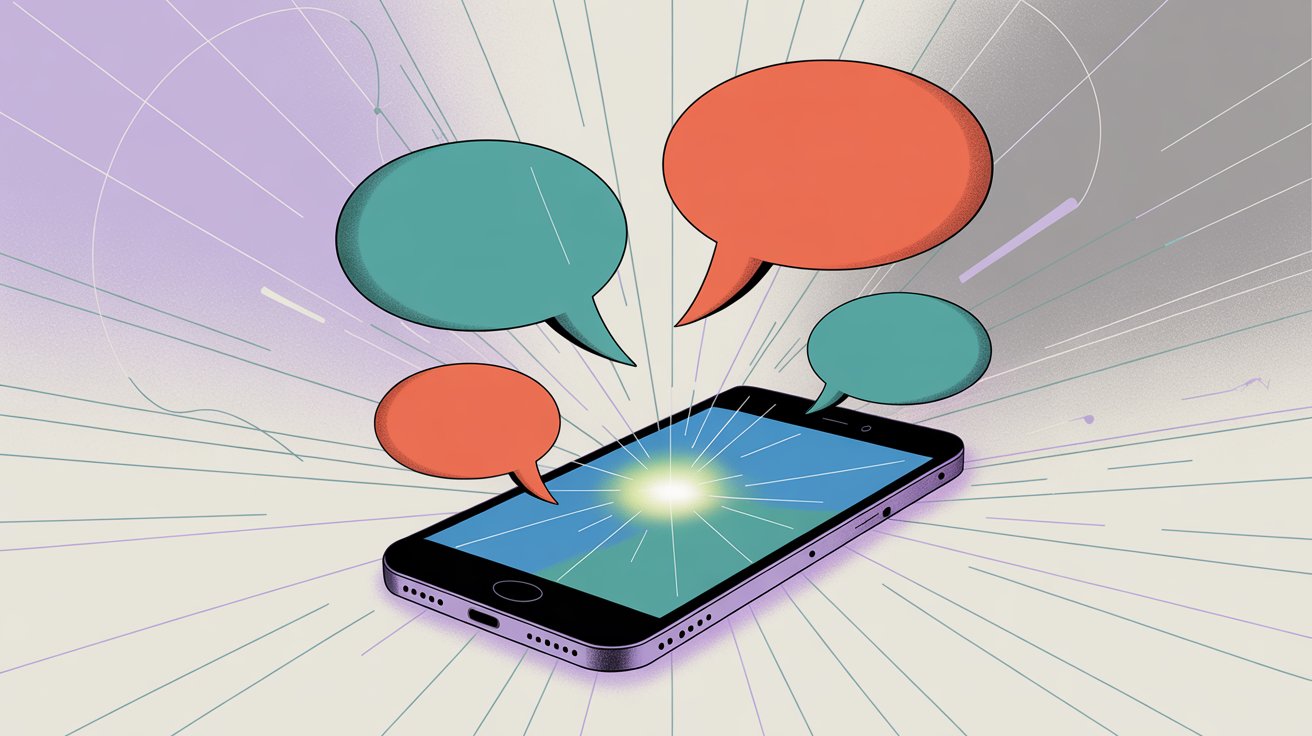 Multiple live chat platforms represented by colorful chat bubbles emerging from a smartphone, illustrating digital communication alternatives