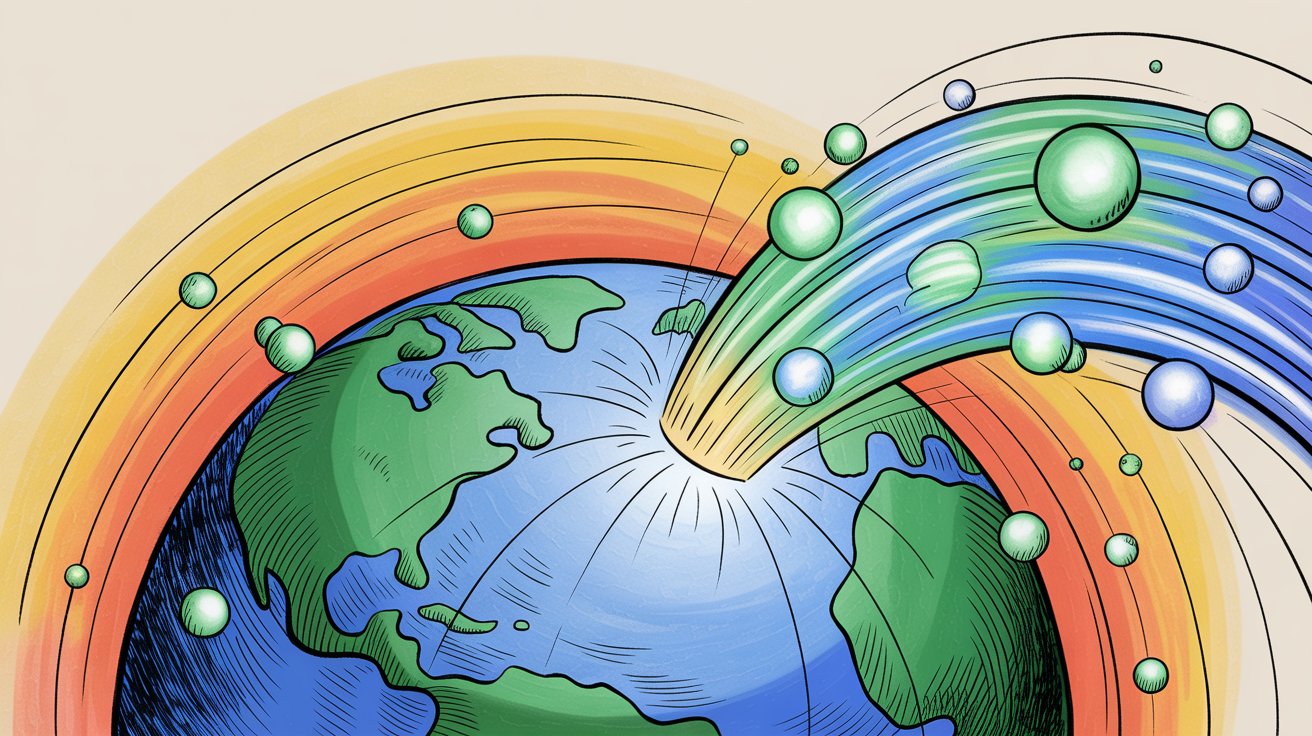 Hand-drawn illustration depicting WhatsApp's global reach with a stylized globe surrounded by messaging indicators representing 2 billion users worldwide