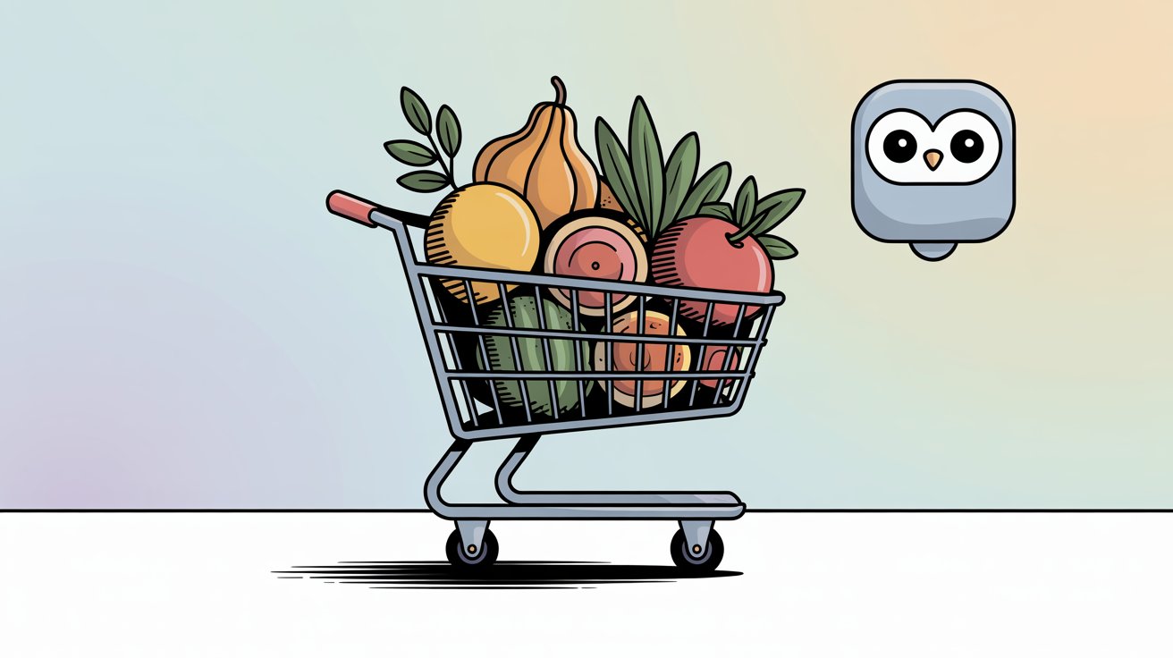 Shopping cart filled with products alongside friendly chatbot assistant for e-commerce support