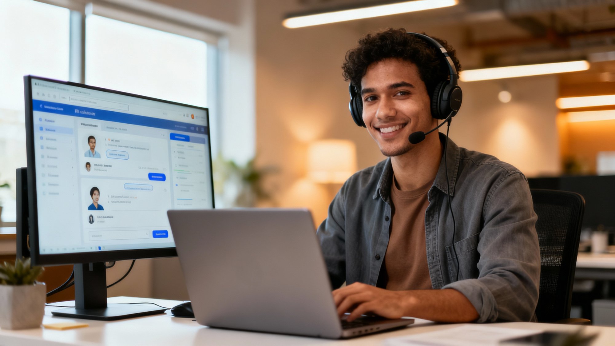 Professional customer support agent with headset working at modern desk with dashboard