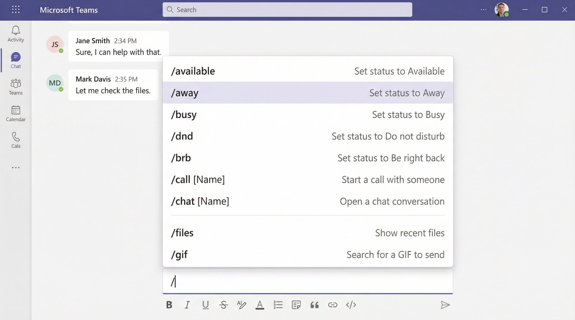 Microsoft Teams interface showing slash command autocomplete menu with status and action commands