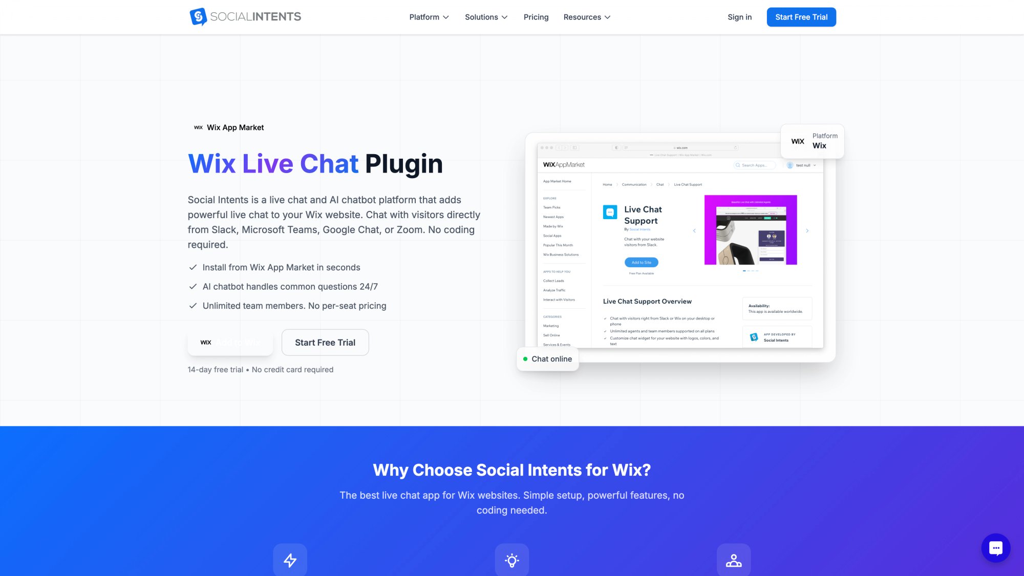 Social Intents Wix integration page displaying live chat features for Wix websites with team collaboration tools