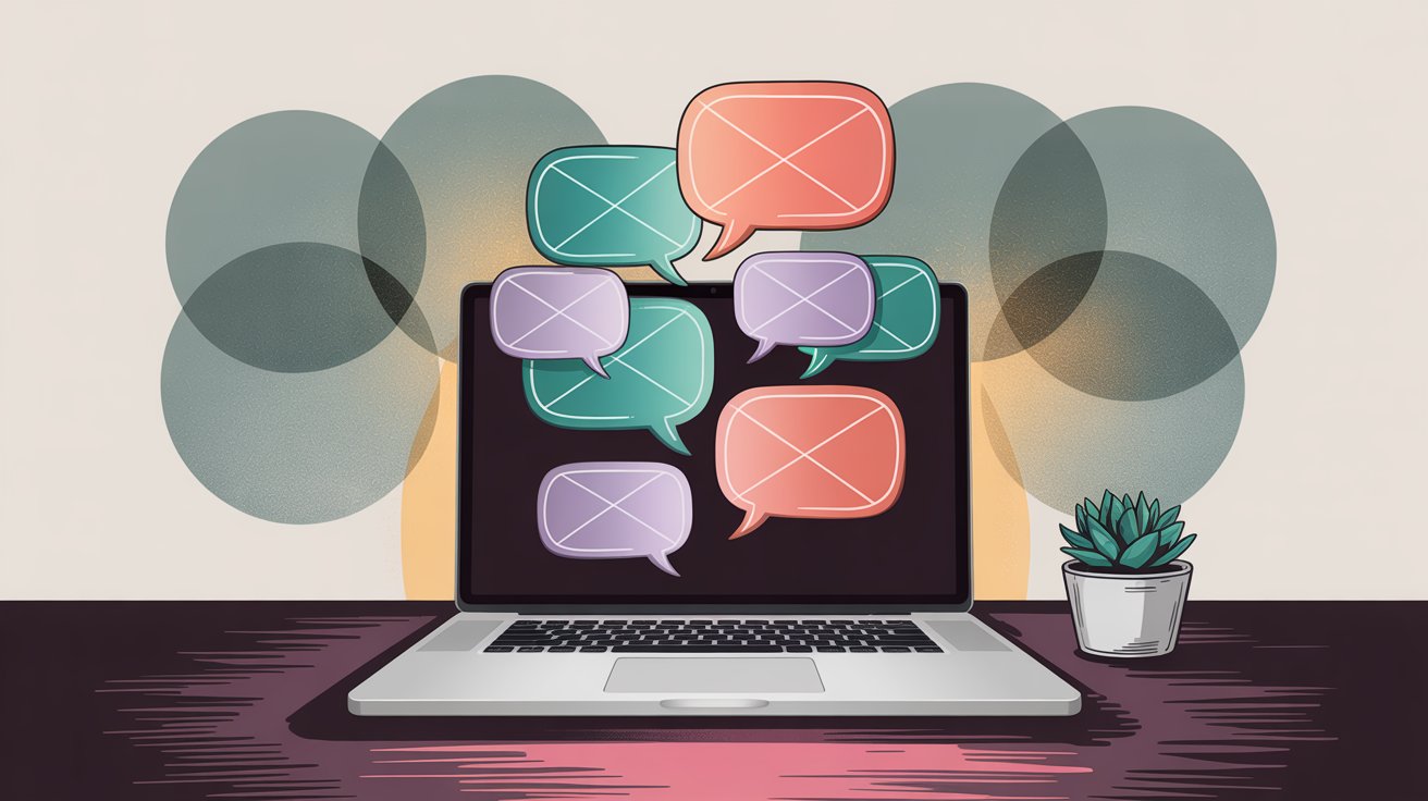 Multiple colorful chat bubbles on a laptop screen representing different live chat platform alternatives and options for businesses