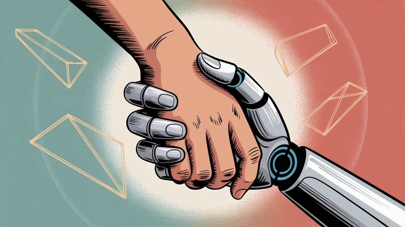 Human hand and robotic hand in handshake with glowing orb and connecting network lines representing AI-human partnership