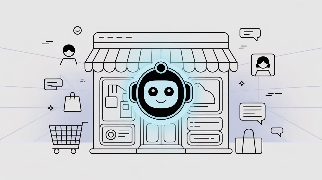 AI chatbot robot mascot integrated into Shopify e-commerce store interface with shopping cart and customer service icons