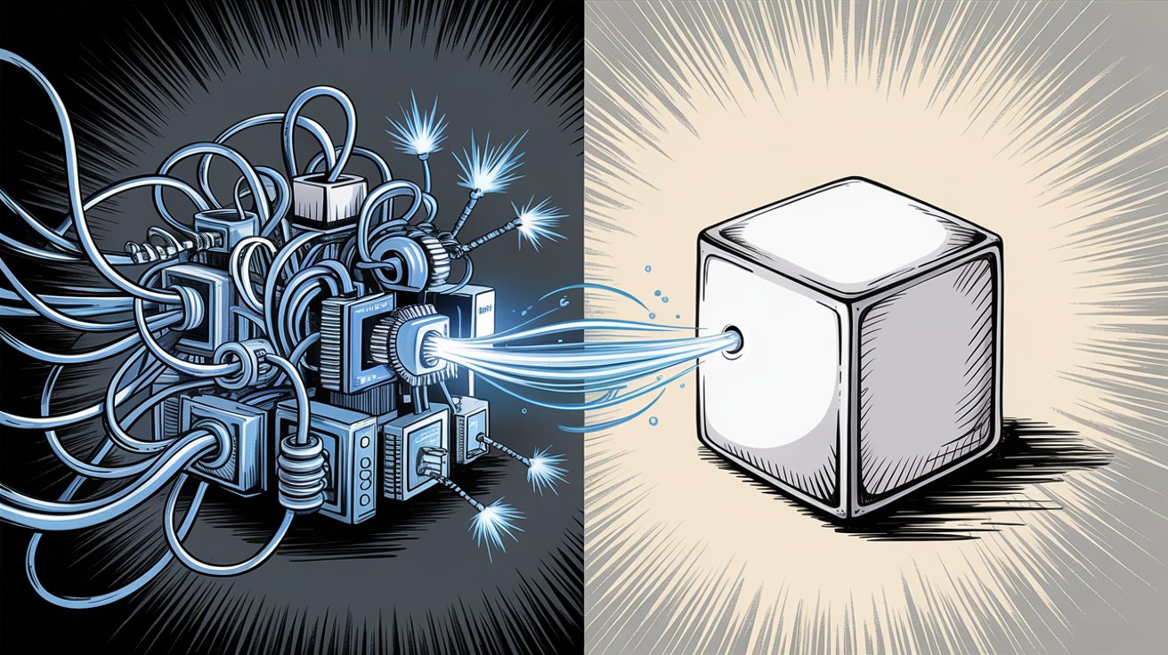 Build versus buy comparison showing complex development process contrasted with simple white label solution