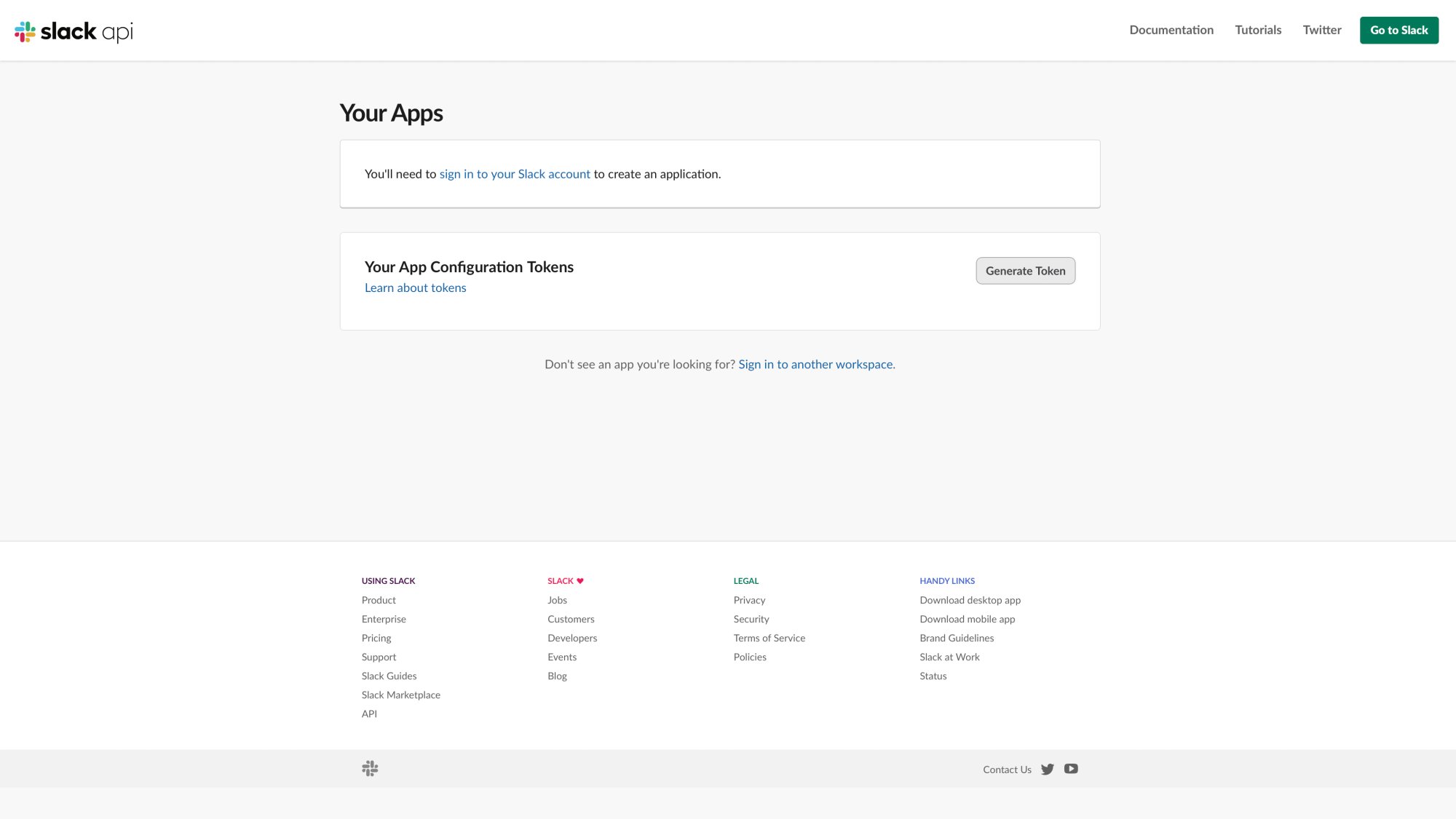 Slack API Apps dashboard homepage showing the developer portal interface