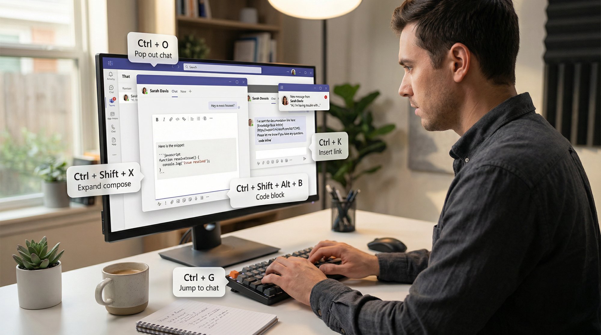Support agent using keyboard shortcuts to manage multiple Microsoft Teams chats simultaneously in a fast-paced workflow