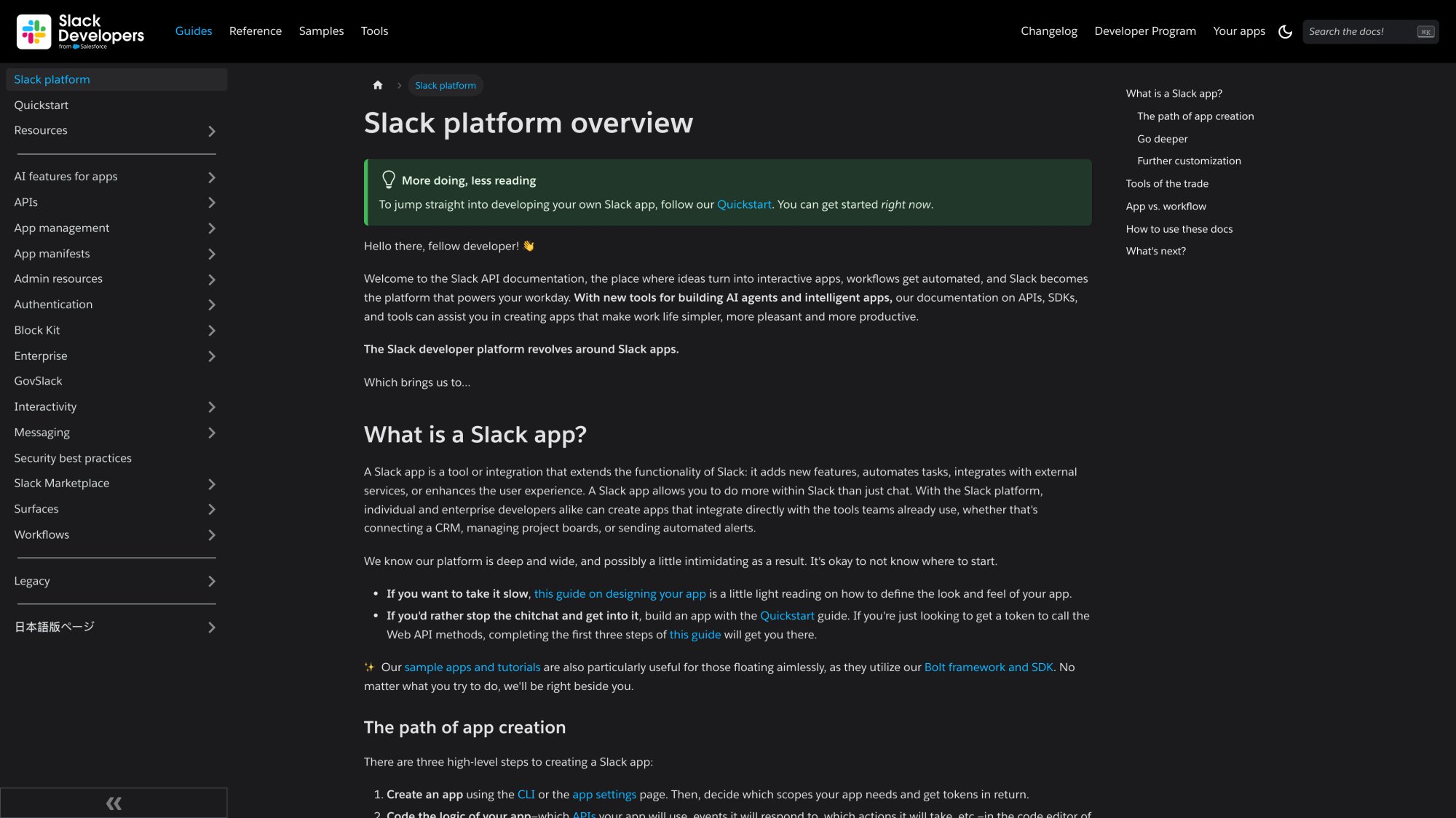 Slack developer documentation homepage showing guides and API references for building Slack apps