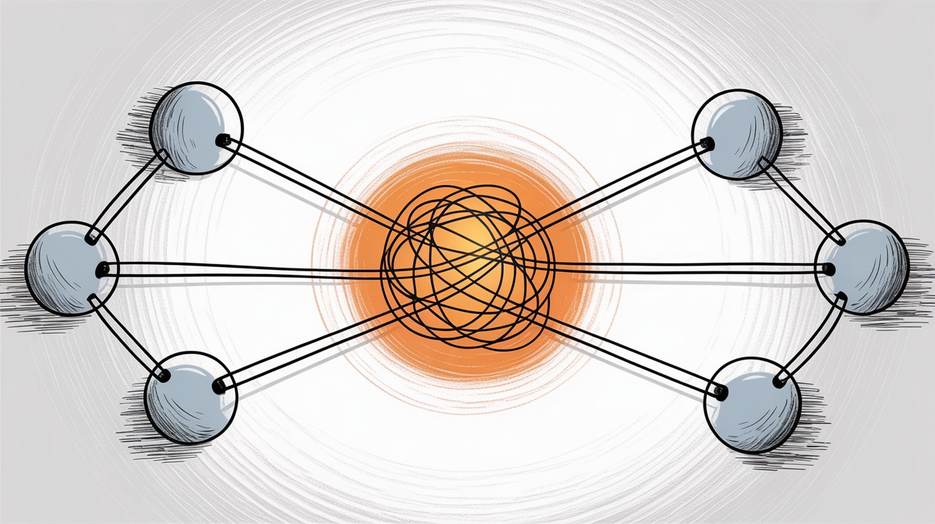 Network diagram showing team communication nodes connected to a complex center, illustrating workflow integration challenges