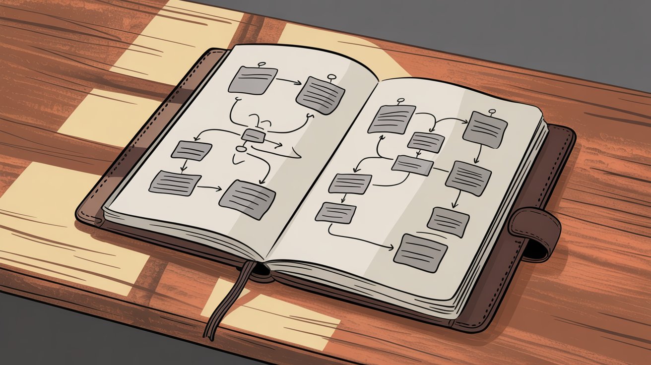 Open journal with illustrated chatbot use case flowcharts showing multiple conversation scenarios on wooden desk