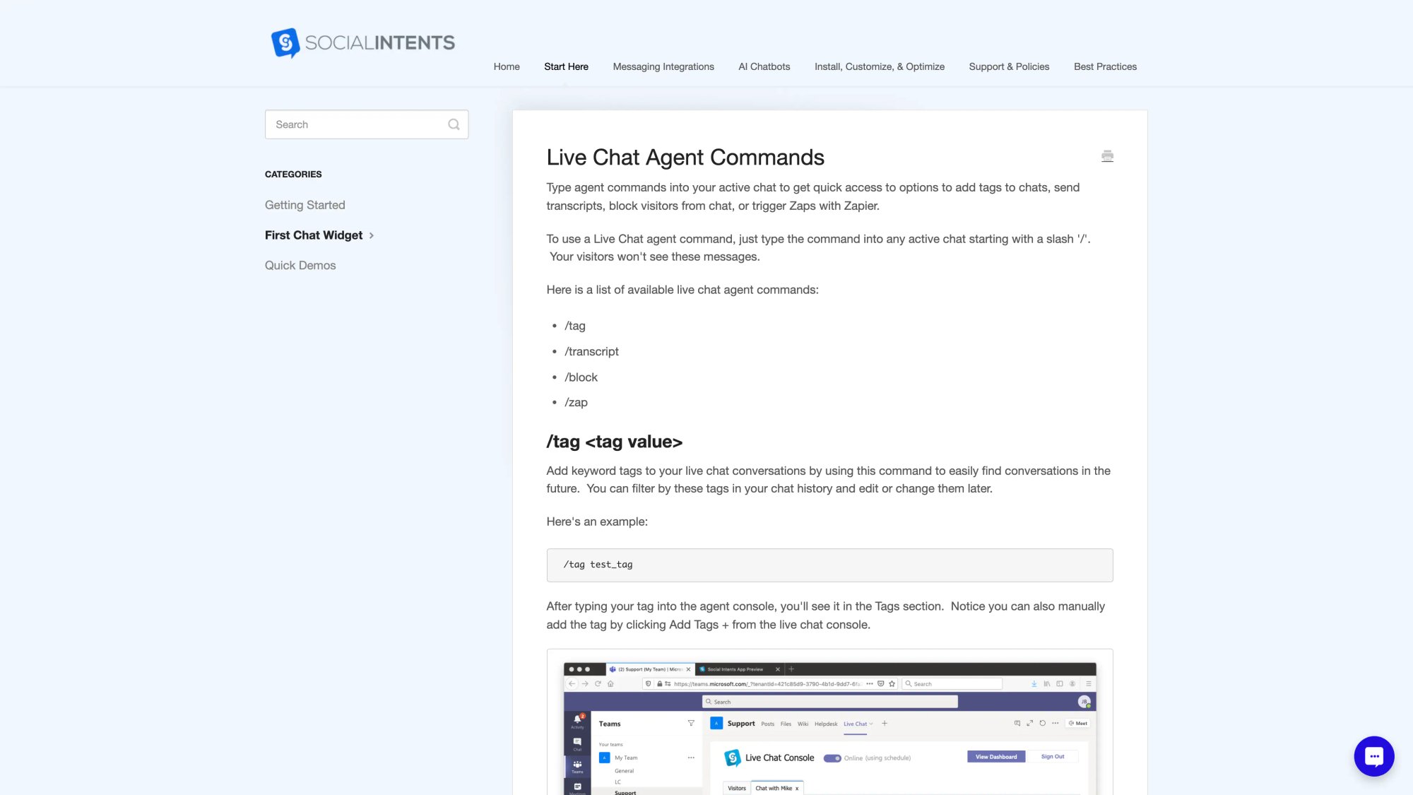 Social Intents help doc showing slash commands for chat agents: tag, transcript, block, and zap commands