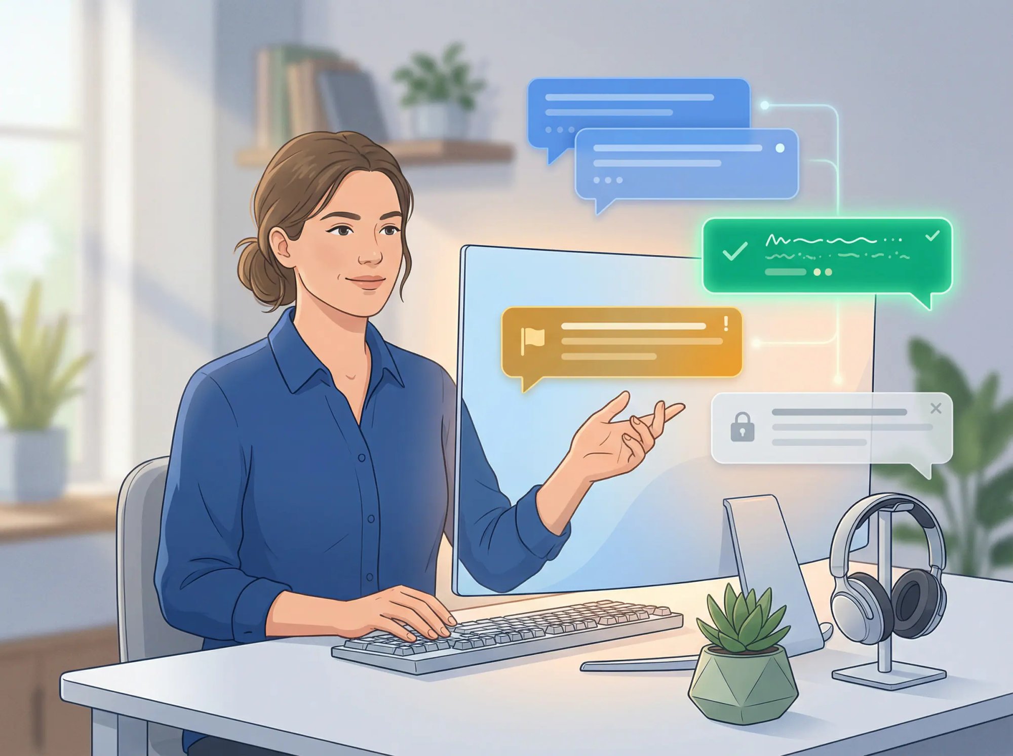 Professional support agent confidently managing 3-5 chat conversations simultaneously in an organized workspace