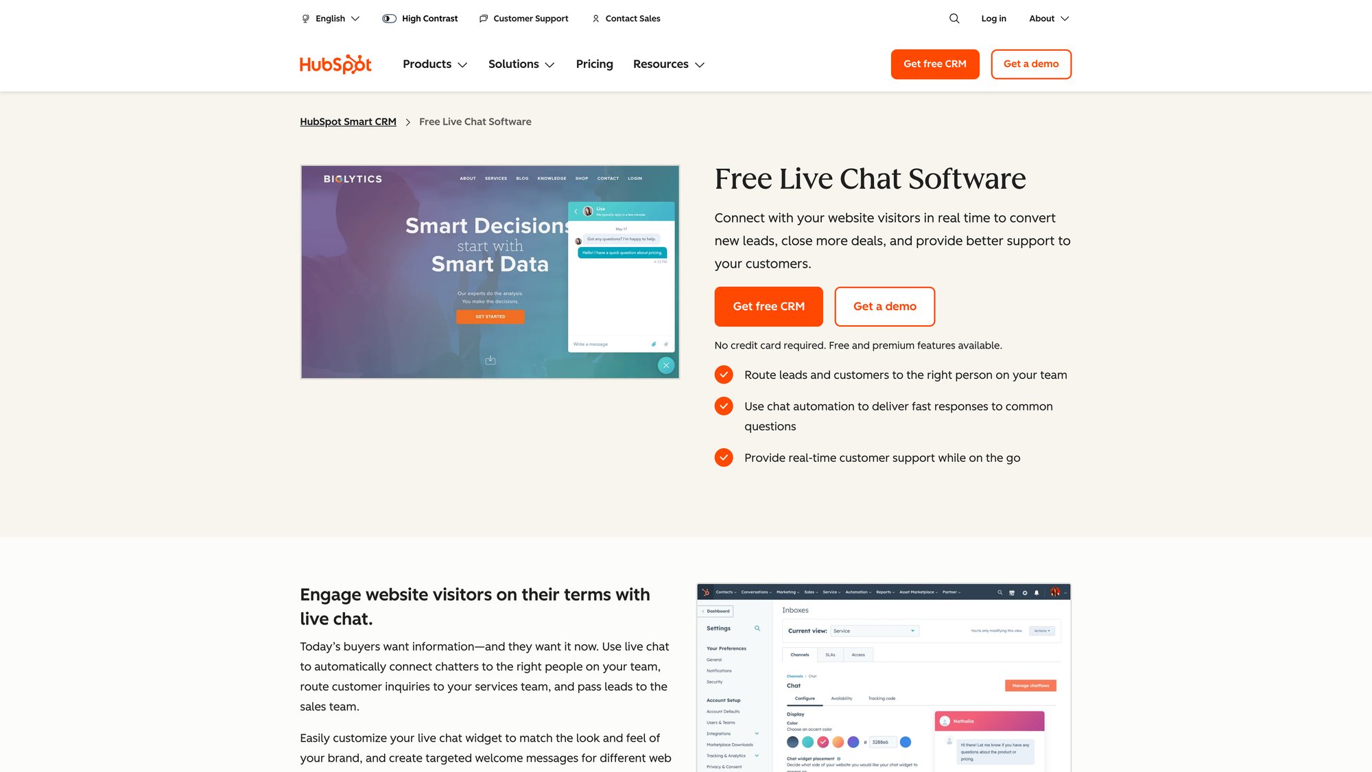 HubSpot live chat product page showcasing free CRM integration and customer communication tools