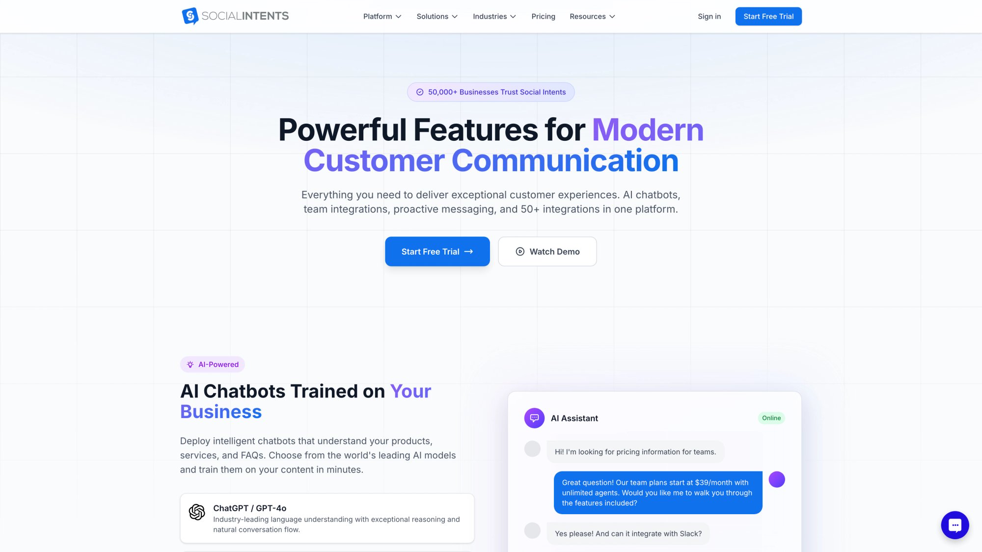 Social Intents features page highlighting customization capabilities and developer tools across all plans