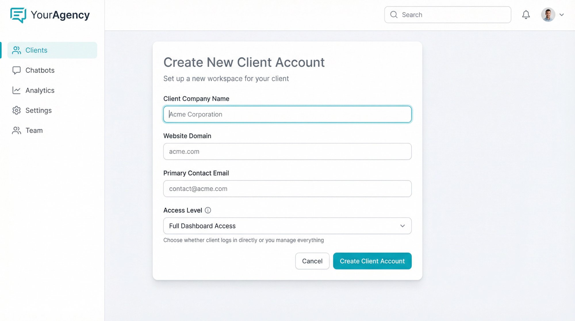 White-labeled chatbot platform dashboard showing client account creation form with agency branding
