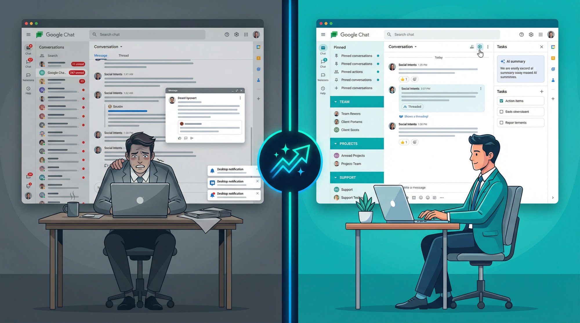 Split-screen visual showing chaotic Google Chat inbox transforming into organized, efficient workflow