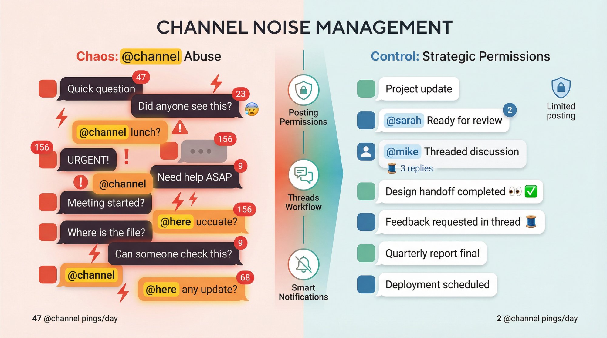 Split-panel comparison showing chaotic Slack channel with notification overload versus organized quiet channel with strategic controls