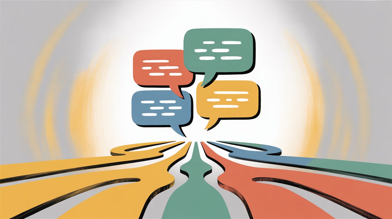 Converging chat bubbles and collaboration streams representing seamless integration between messaging platforms and customer support conversations in team workspaces