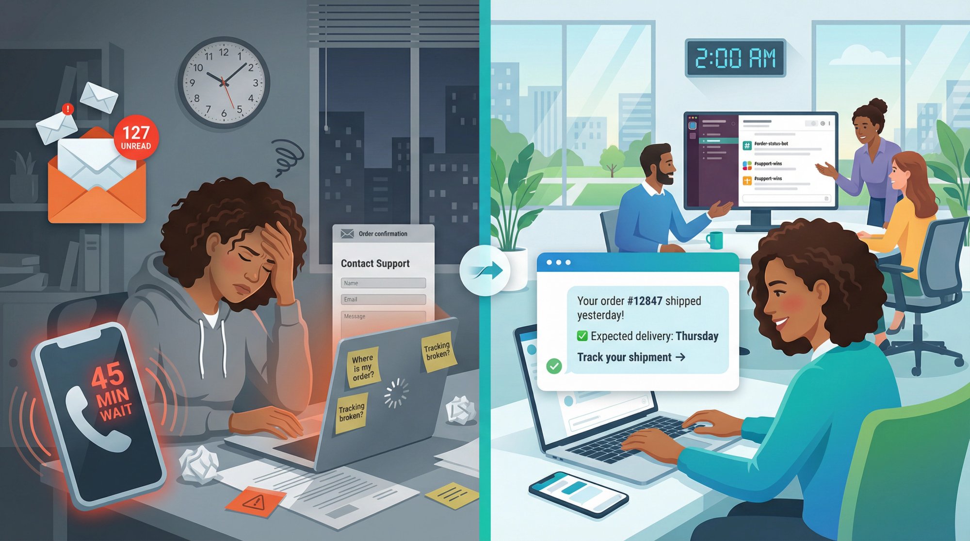 Modern customer service transformation showing customer satisfaction through automated order status chatbot versus traditional support chaos